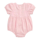 A light pink baby romper with short puff sleeves, a buttoned back, and a gathered waist, shown against a plain light gray background.
