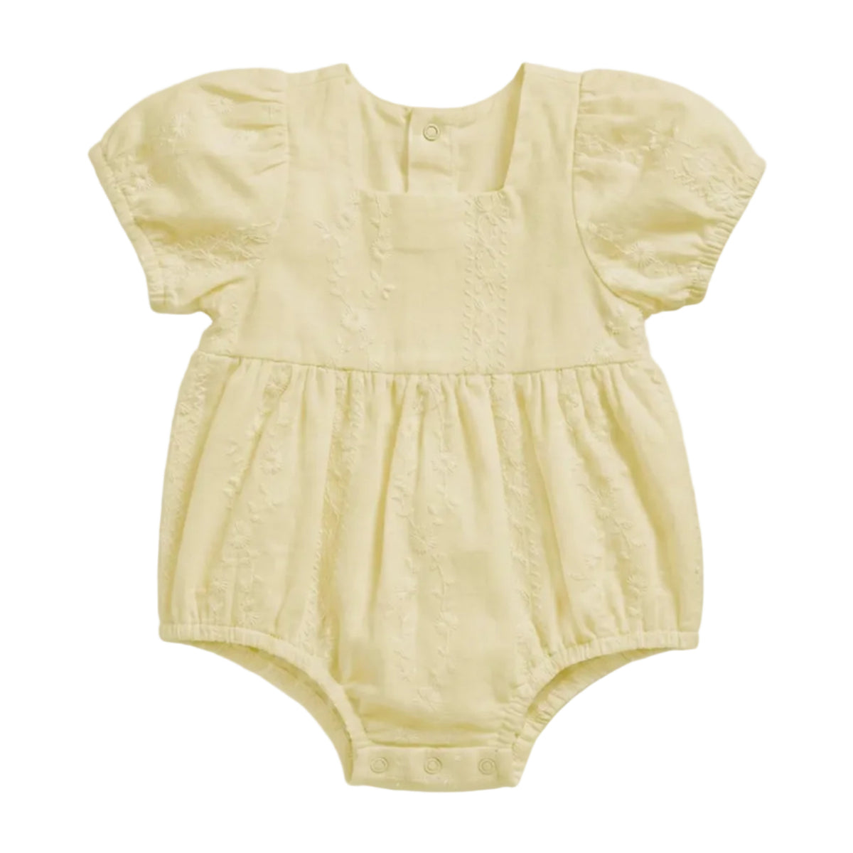 A pale yellow baby romper with short puff sleeves, a square neckline, and a gathered waist, shown flat against a light gray background.