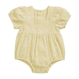 A pale yellow baby romper with short puff sleeves, a square neckline, and a gathered waist, shown flat against a light gray background.