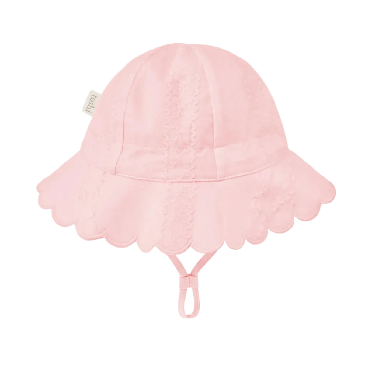 A light pink baby sun hat with a scalloped brim, embroidered details, and an adjustable chin strap, shown against a plain light gray background.