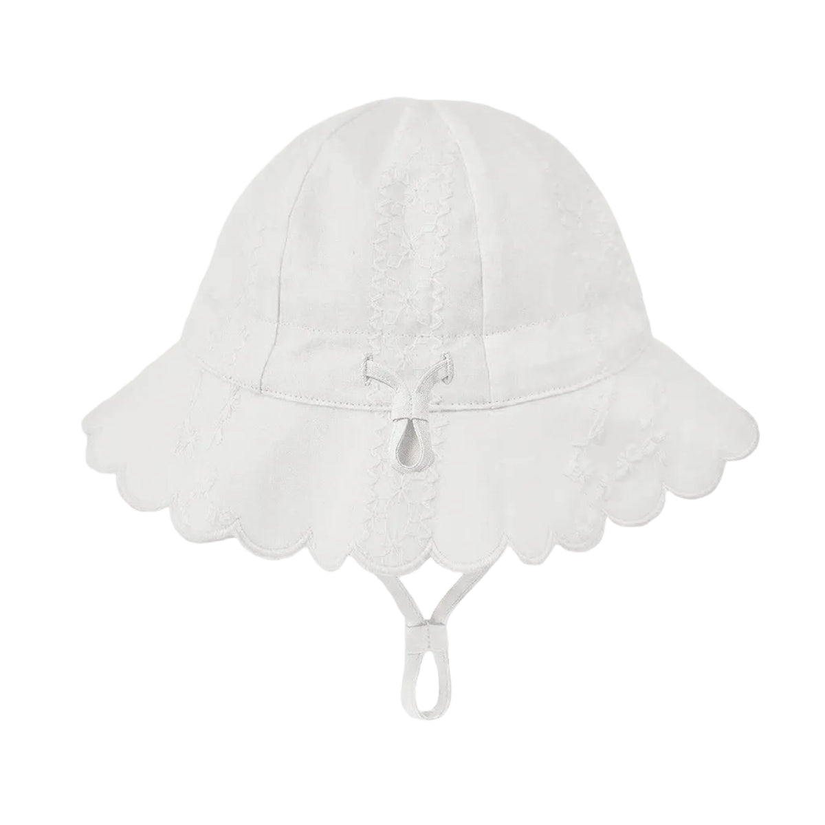 A white sun hat for children, featuring a scalloped lace brim, a central bow, and an adjustable chin strap, shown against a light gray background.
