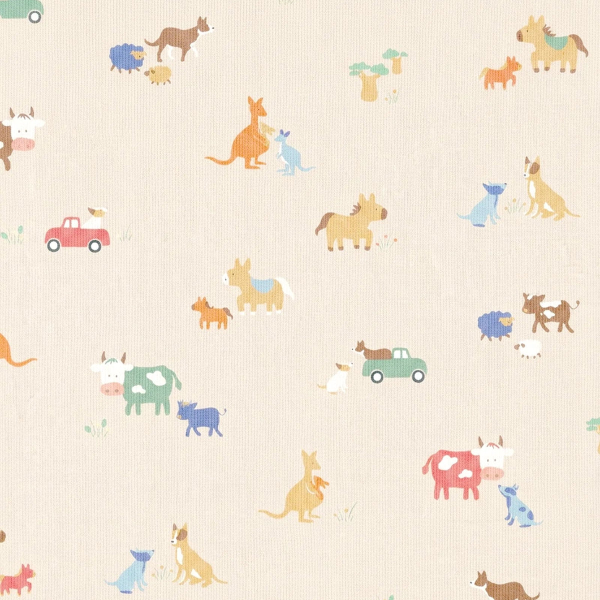 A repeating pattern of cute, whimsical aussie and farm animal illustrations on a light cream-colored textured fabric background. The pattern includes various animals such as kangaroos, cows, dogs, sheep, and cars in soft pastel colors including blue, green, red, brown, and orange.