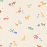 A repeating pattern of cute, whimsical aussie and farm animal illustrations on a light cream-colored textured fabric background. The pattern includes various animals such as kangaroos, cows, dogs, sheep, and cars in soft pastel colors including blue, green, red, brown, and orange.