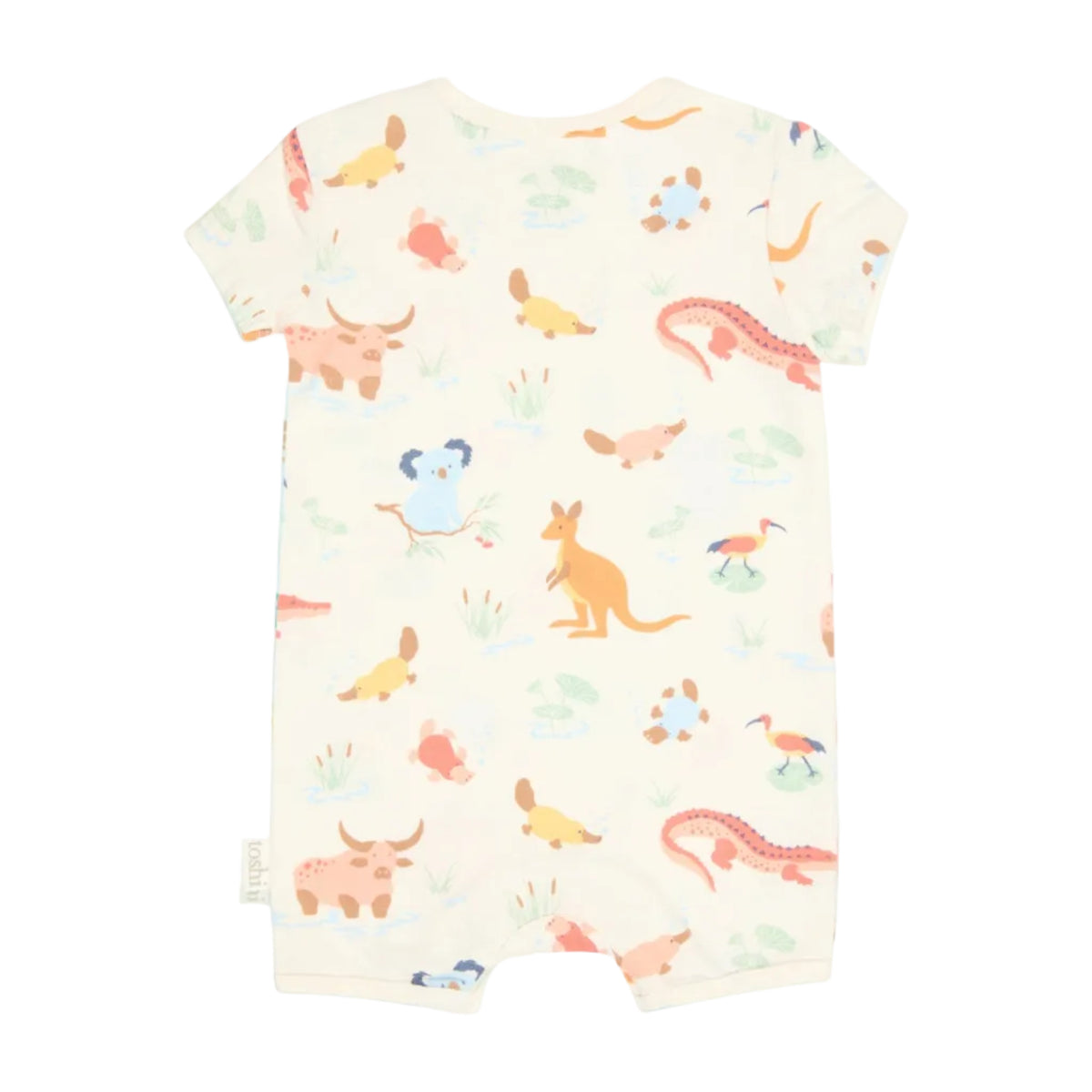 A baby short-sleeve romper in cream with a colorful Aussie animal print, featuring kangaroos, koalas, crocodiles, and birds, shown flat on a white background.