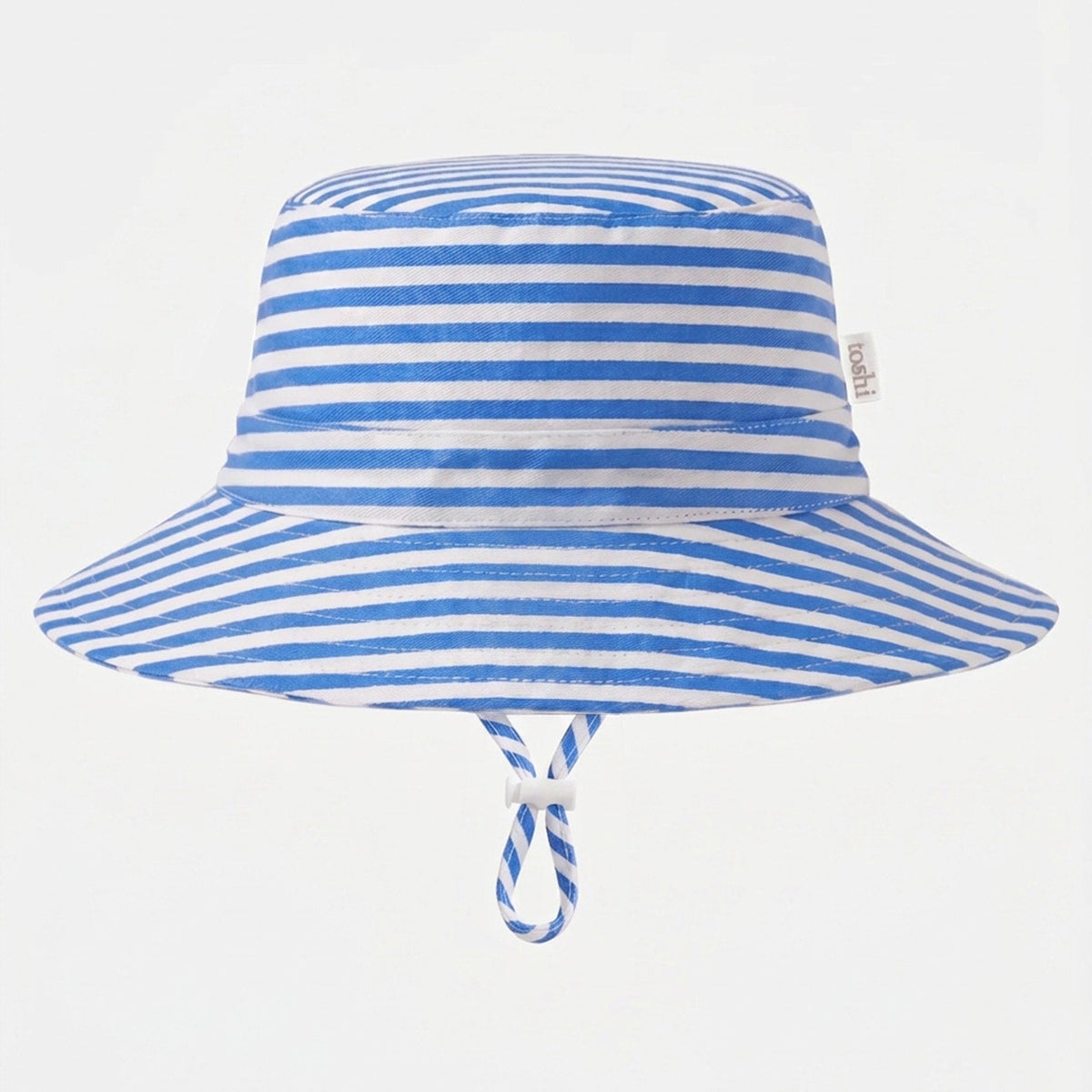 A blue and white striped bucket hat with a chin strap, shown against a plain white background.