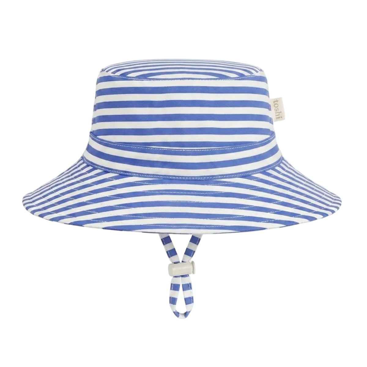 A blue and white striped bucket hat with a chin strap, shown against a plain white background.