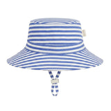 A blue and white striped bucket hat with a chin strap, shown against a plain white background.