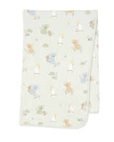 A folded knit baby blanket with a light sage green background and a playful pattern of cartoon koalas, kangaroo babies, and birds in soft pastel colors, shown on a neutral light gray background.
