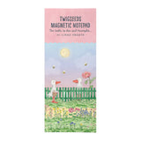 A tall, narrow notepad cover with whimsical duck, flower, and bee illustrations on a pastel background. The top reads 'TWIGSEEDS MAGNETIC NOTEPAD' and 'For tasks, to-do and triumphs.