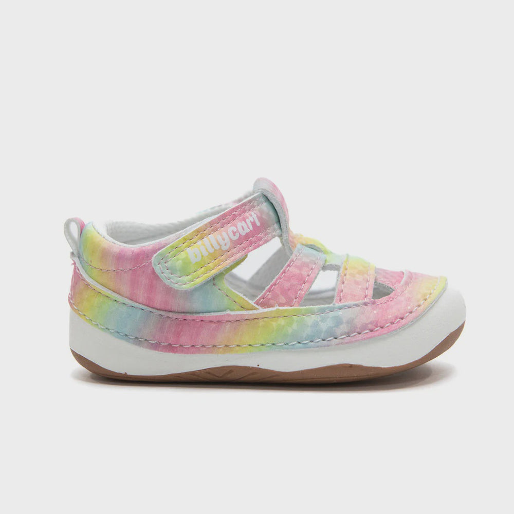 A pair of pink and multicolored rainbow-patterned baby girls' sandals with easy velcro straps and a closed toe design.