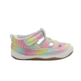 A pair of pink and multicolored rainbow-patterned baby girls' sandals with easy velcro straps and a closed toe design.