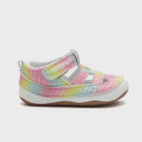 A pair of pink and multicolored rainbow-patterned baby girls' sandals with easy velcro straps and a closed toe design.