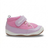 A pink and purple high-top baby sneaker with velcro strap and soft rubber sole.