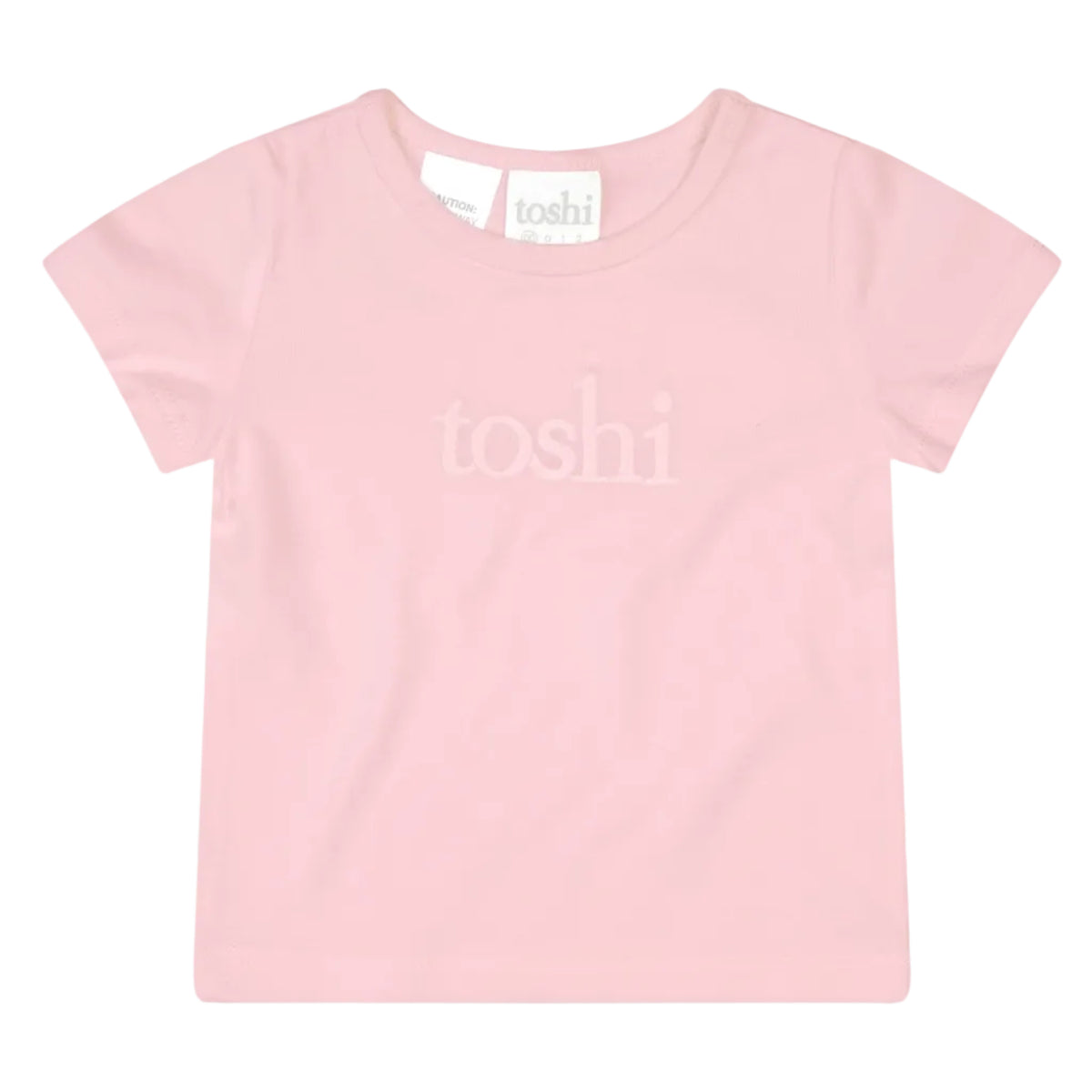 Pink t-shirt with 'toshi' branding on a light gray background