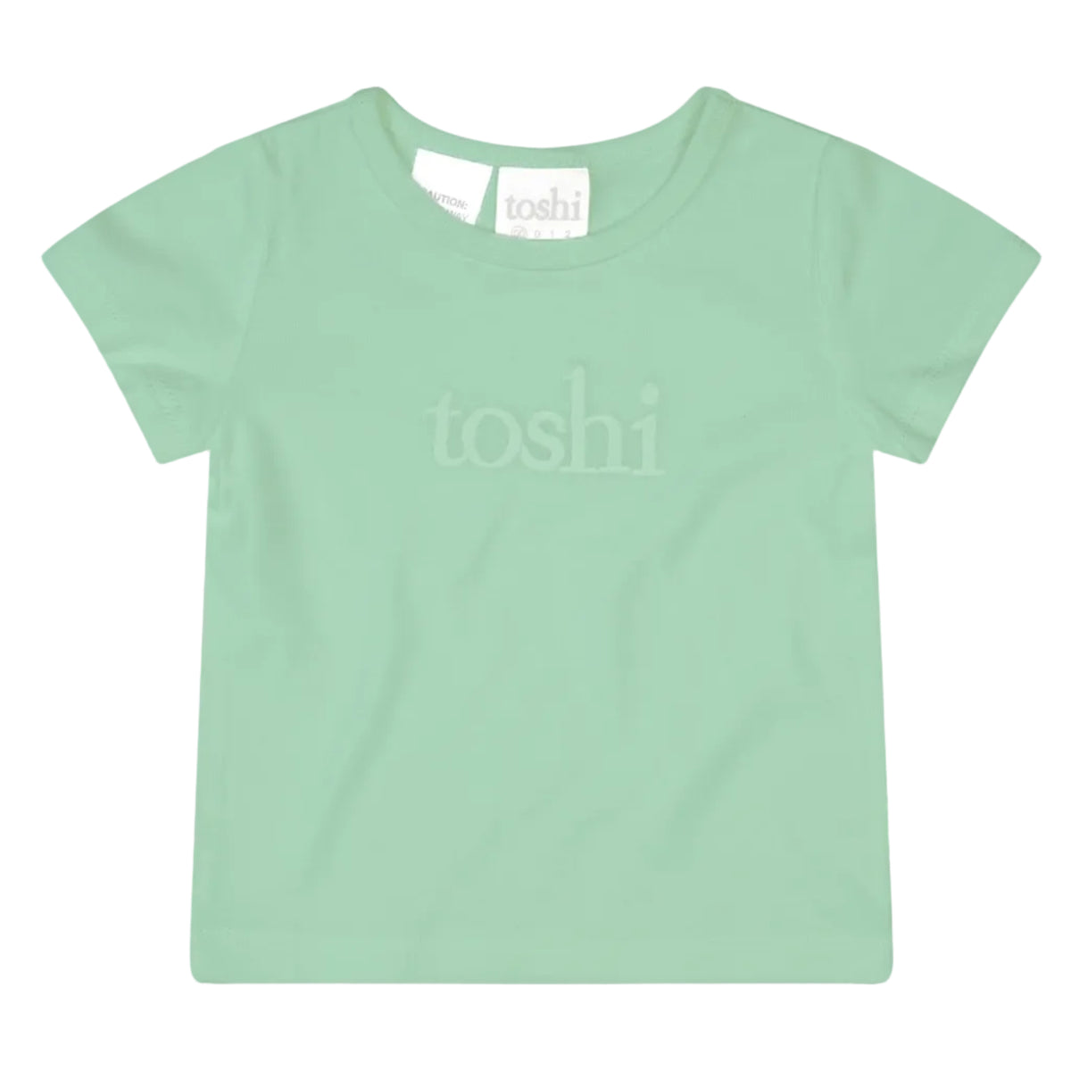 Light green t-shirt with 'toshi' branding on a white background