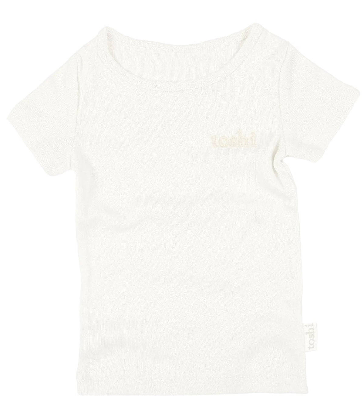 White t-shirt with a small logo on a white background