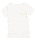 White t-shirt with a small logo on a white background