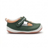 A pair of kids' unisex sandals in forrest green and tan with a Velcro strap, wide foot opening, and padded inner-sole.