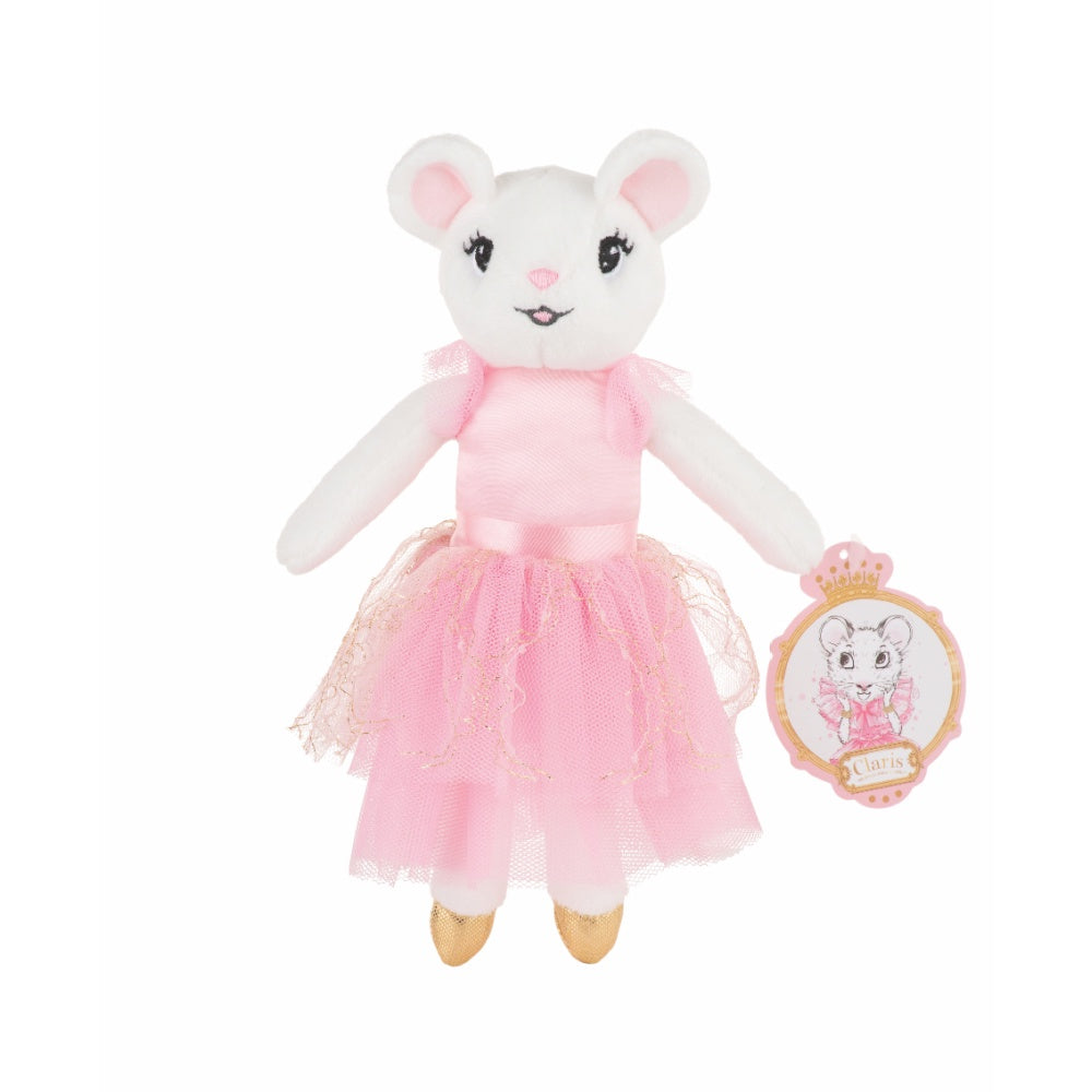 A Claris plush doll in a pink tutu and ballet shoes, holding a small, decorative crown.