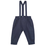 Navy linen suspender pants with adjustable straps and matching suspenders, featuring front buttons.