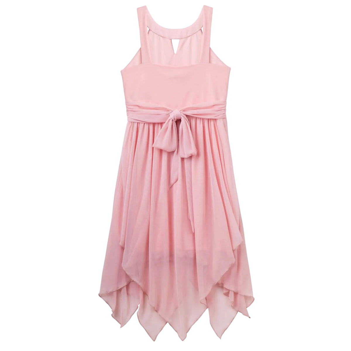 back of a soft pink chiffon dress with a self fabric sash and pointed handkerchief hem