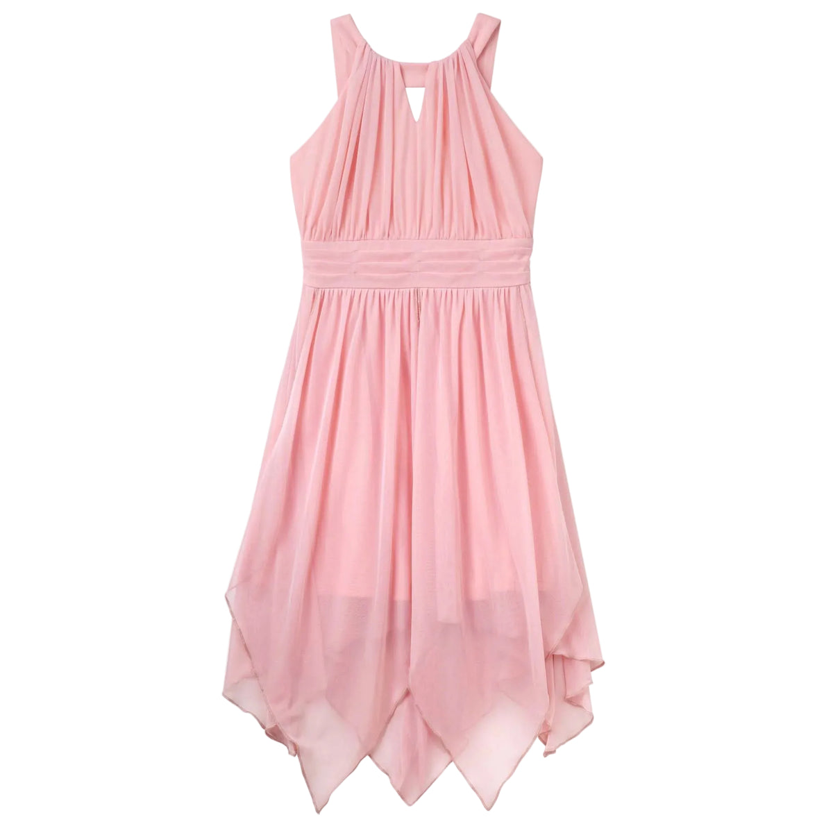 Soft peachy pink chiffon dress with handkerchief hem