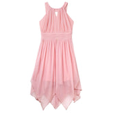 Soft peachy pink chiffon dress with handkerchief hem