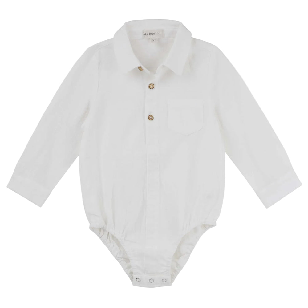 A white long-sleeved button-up baby romper with a tailored collar and front button openings.