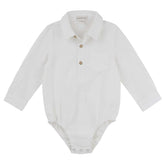 A white long-sleeved button-up baby romper with a tailored collar and front button openings.