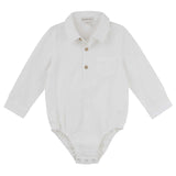 A white long-sleeved button-up baby romper with a tailored collar and front button openings.