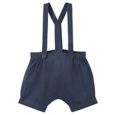 Navy Finley Linen Suspender Shorts for kids with adjustable elasticized waist and matching suspenders, featuring front buttons.