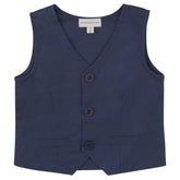 A classic navy linen vest with button closures and a collarless design.
