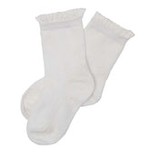 A pair of white frilly socks with elasticized cuffs, designed for kids.