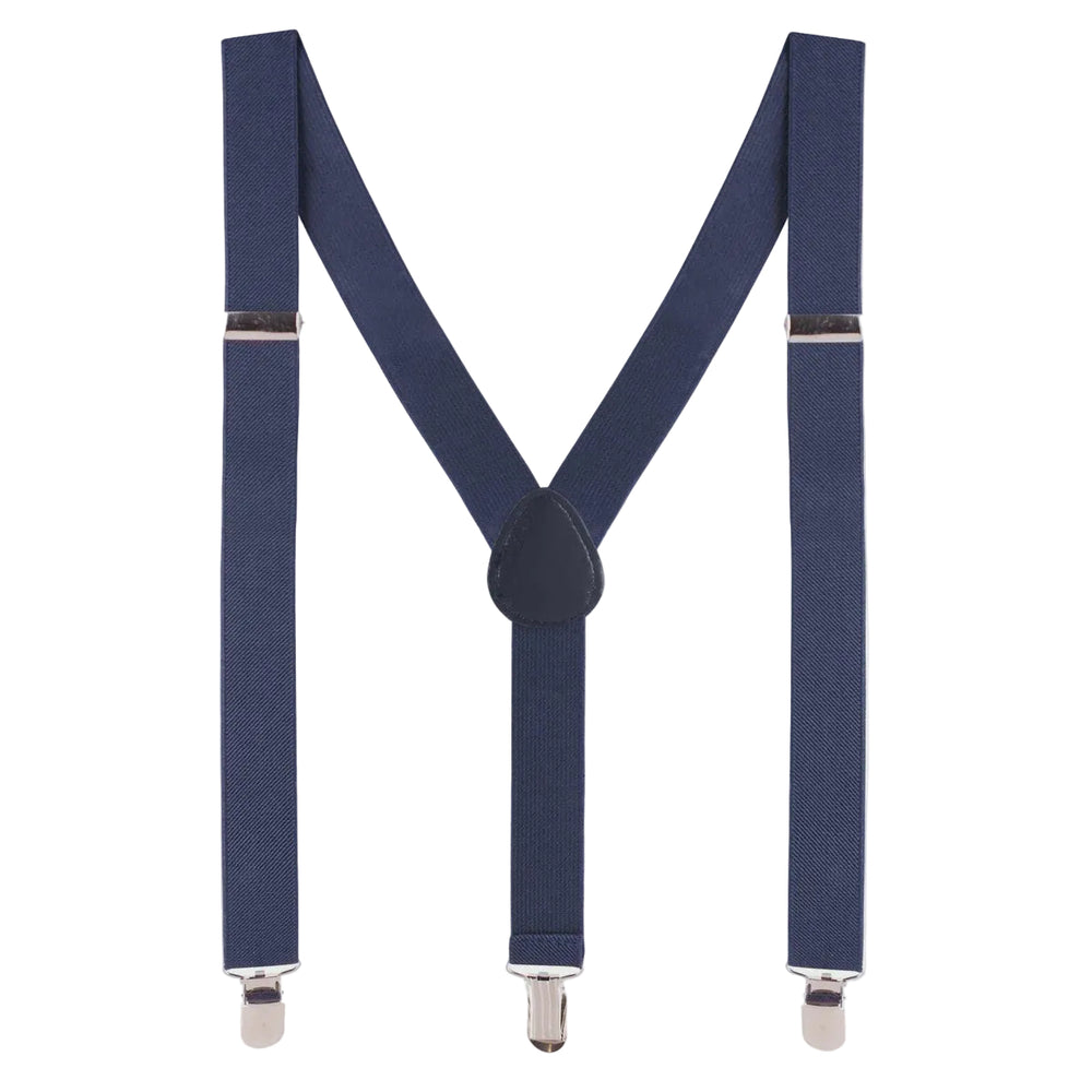 Navy blue suspenders with a Y-back design and clip-on attachments, suitable for children's formal wear.