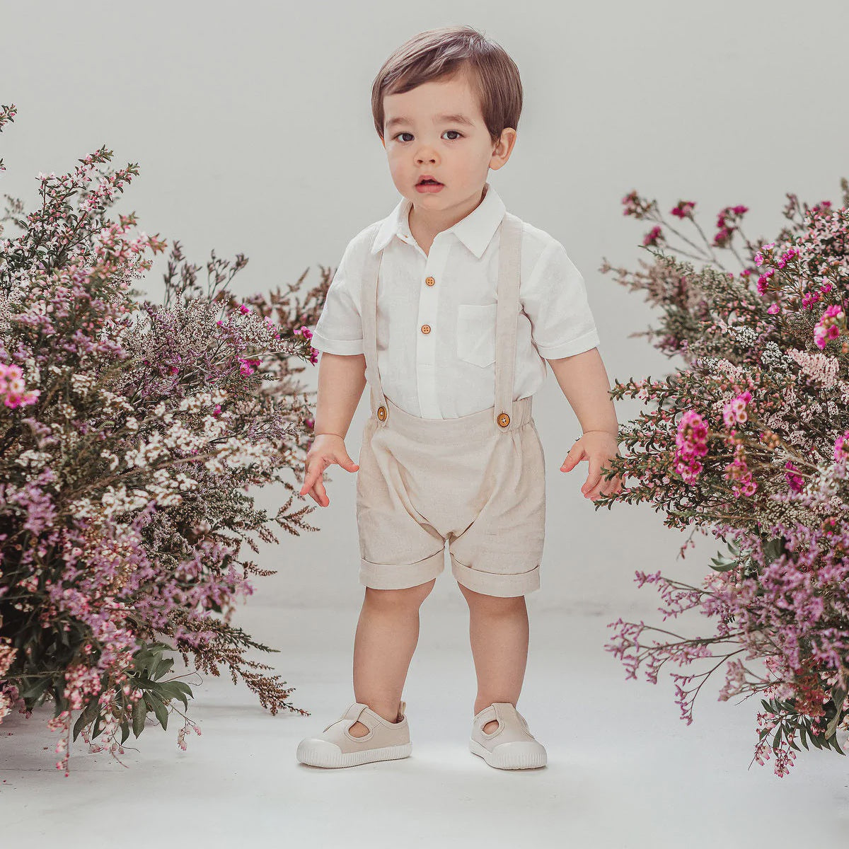 Designer Kidz | Finley Linen Suspender Shorts - (Sand)