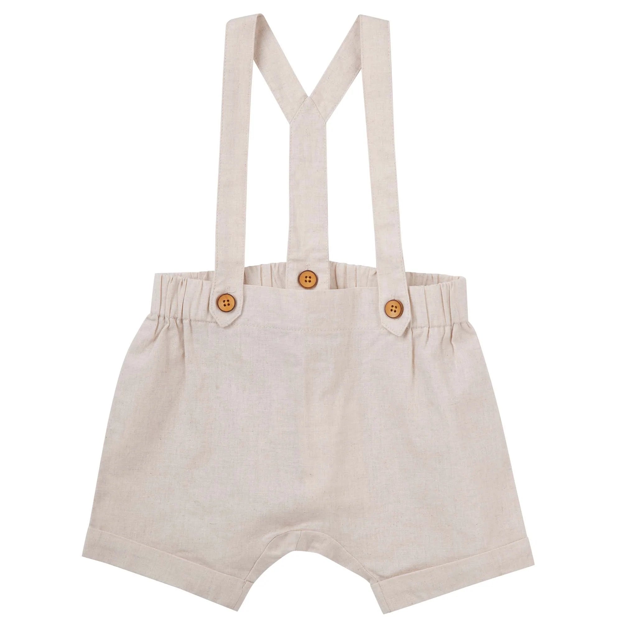 Designer Kidz | Finley Linen Suspender Shorts - (Sand)