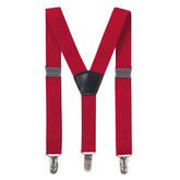 Red Y-back style suspender with clip-on attachments for shirts.