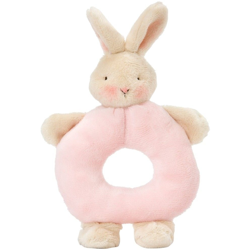 A plush pink bunny ring rattle with a soft texture, designed for little hands to grasp and play with.