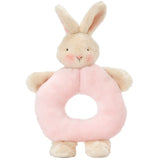 A plush pink bunny ring rattle with a soft texture, designed for little hands to grasp and play with.