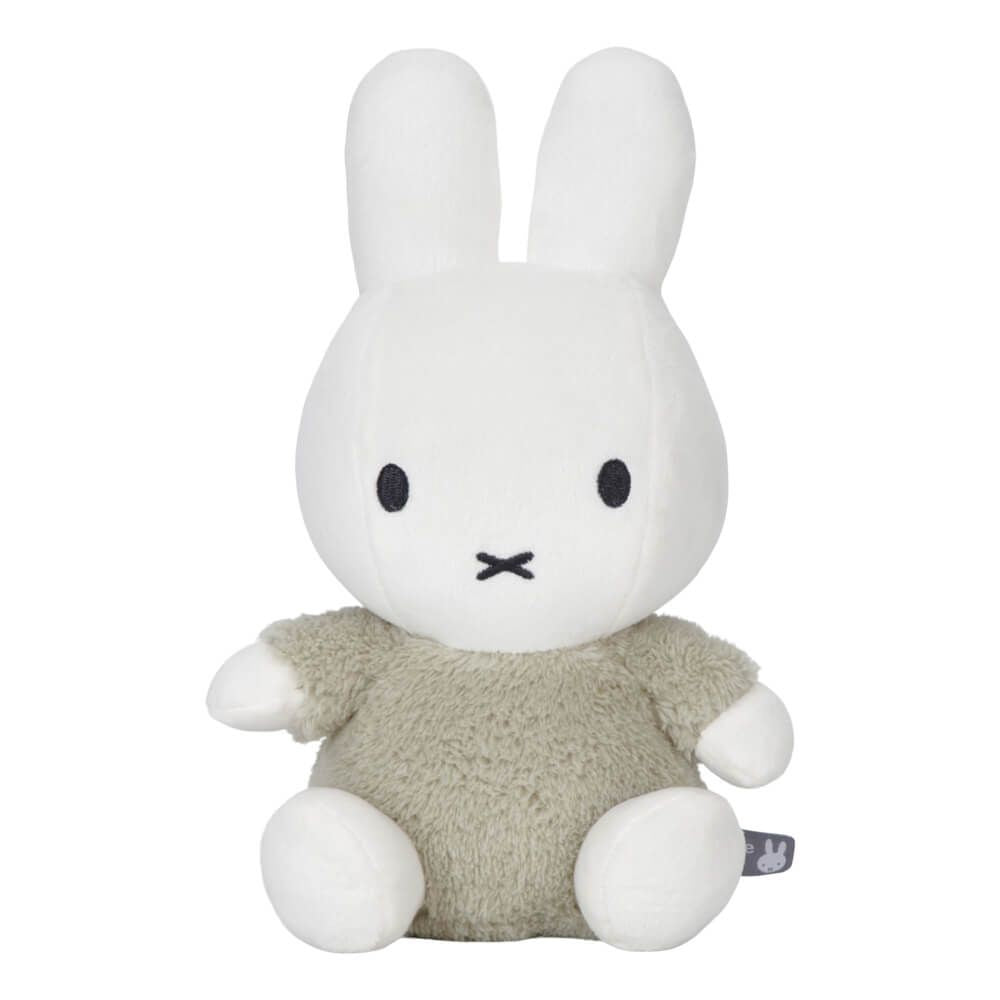 A medium-sized plush toy of Miffy with a fluffy texture, dressed in a green outfit, designed for cuddling and play.