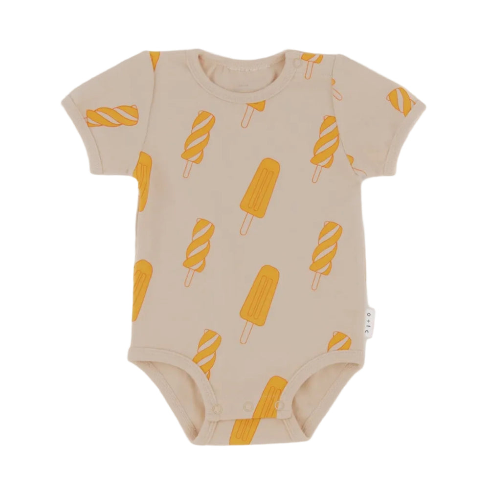 A short sleeve beige bodysuit with a pattern of icy poles in orange and yellow on the front.