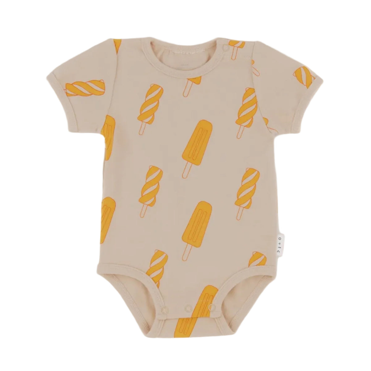 A short sleeve beige bodysuit with a pattern of icy poles in orange and yellow on the front.