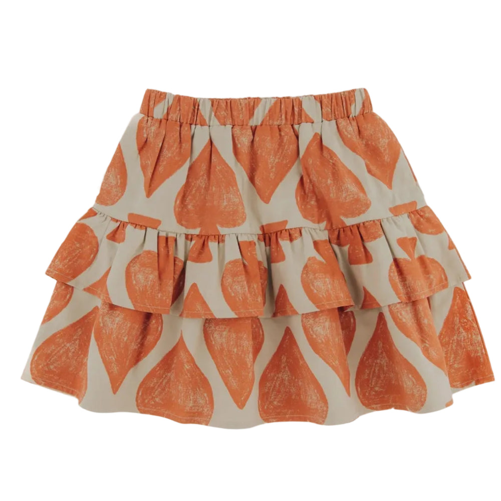 A mid-thigh length beige skirt with a crayon effect spades print, featuring an elasticated waistband and a functional drawcord.