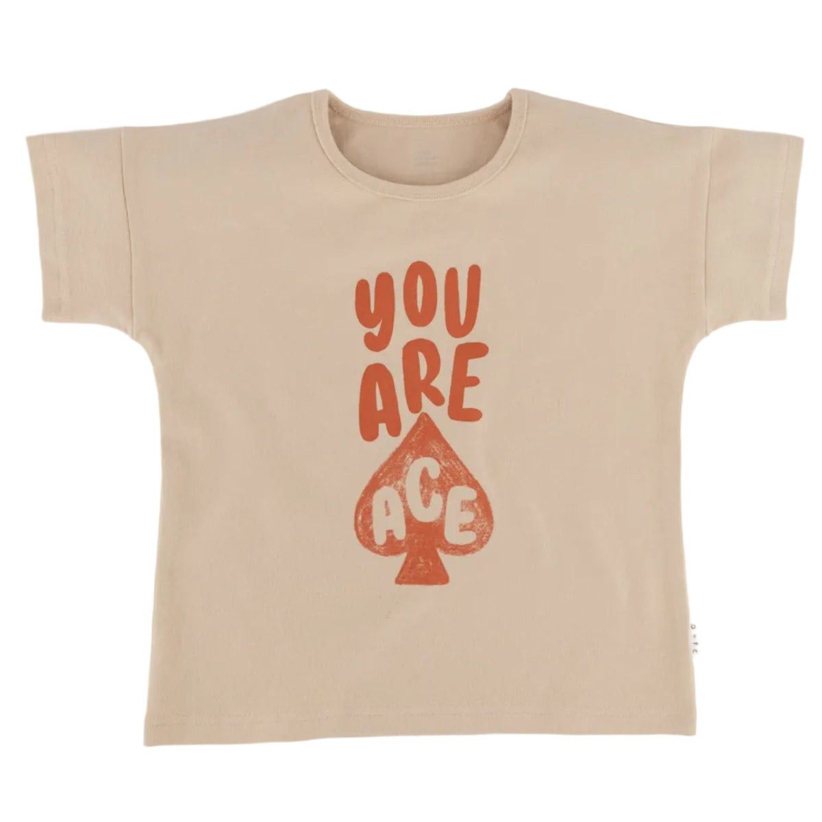 A buff-colored, relaxed fit t-shirt with an 'ace of spades' graphic print on the front.