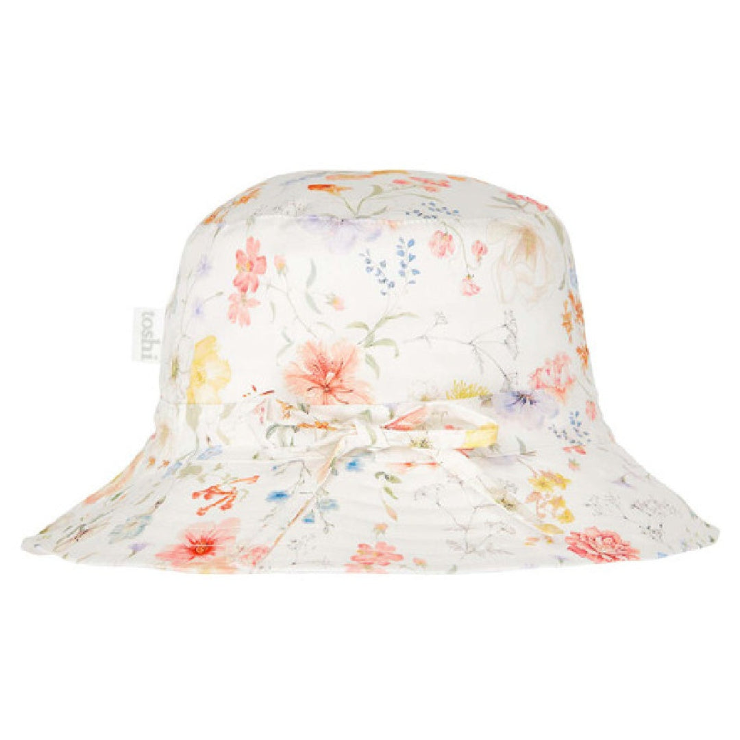 A floral patterned sunhat with a broad brim, designed for children.