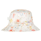 A floral patterned sunhat with a broad brim, designed for children.