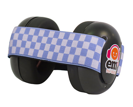 Baby Ear muffs - Blue White Check Band with Black Cups