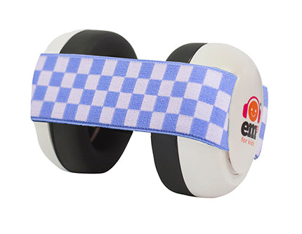 Baby Ear Muffs - Blue White Check Band with White Cups