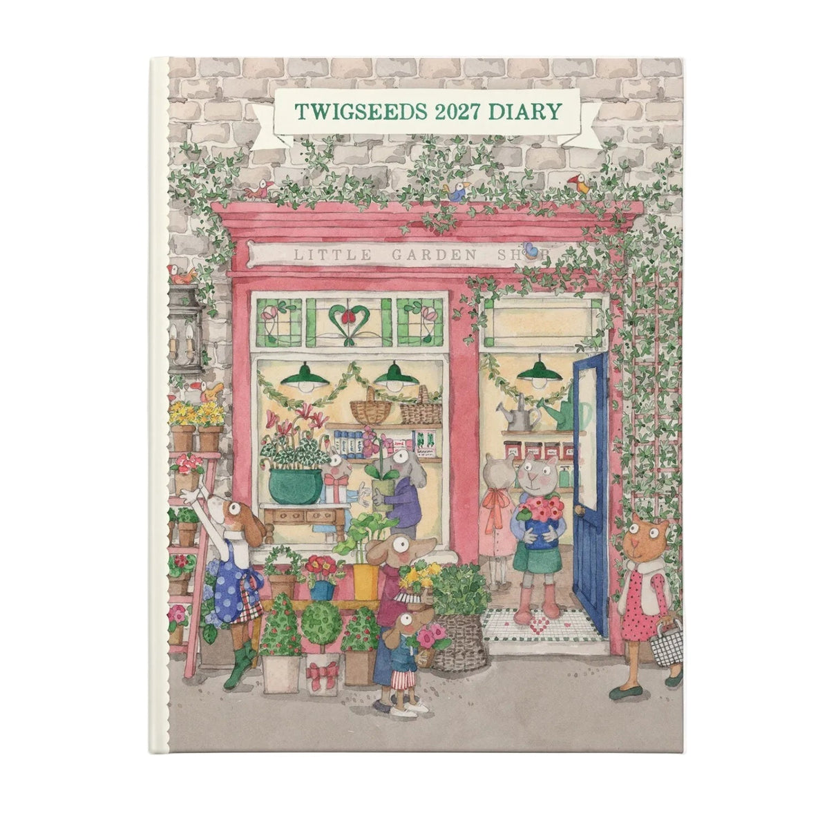 Twigseeds 2027 Diary, featuring a whimsical illustration of a flower shop with animal characters on the cover, shown standing upright against a clean white background.