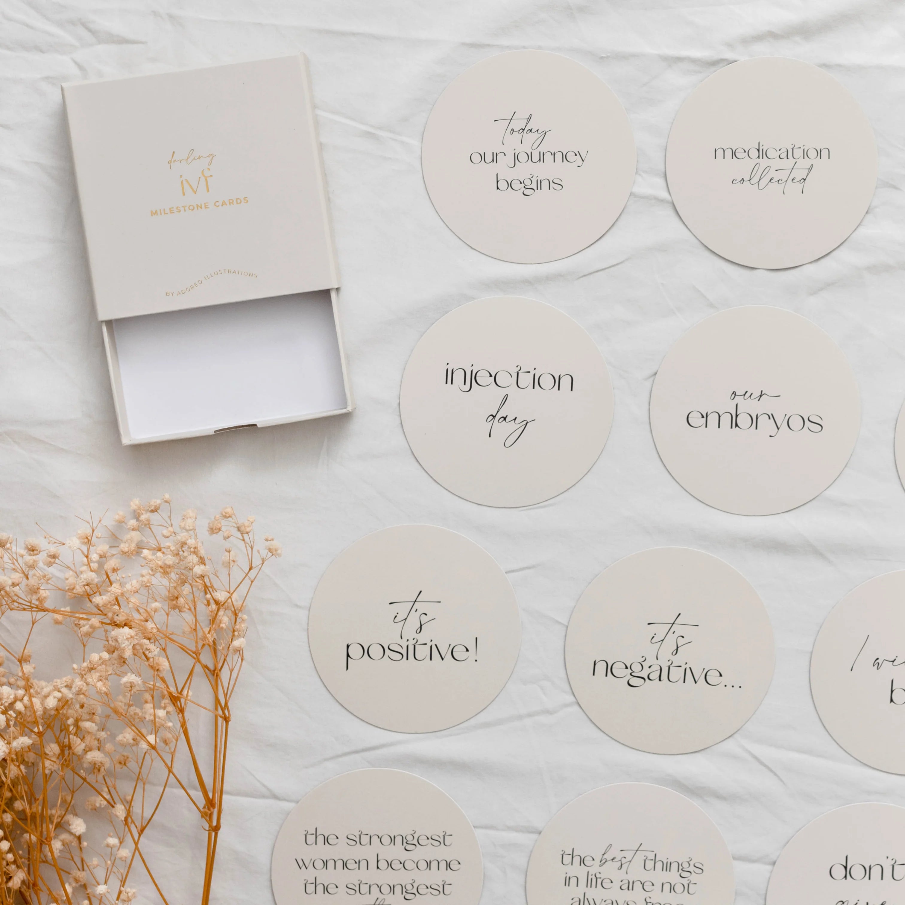 Round milestone plaques with text on a light surface with dried flowers besie teh box they come in.
